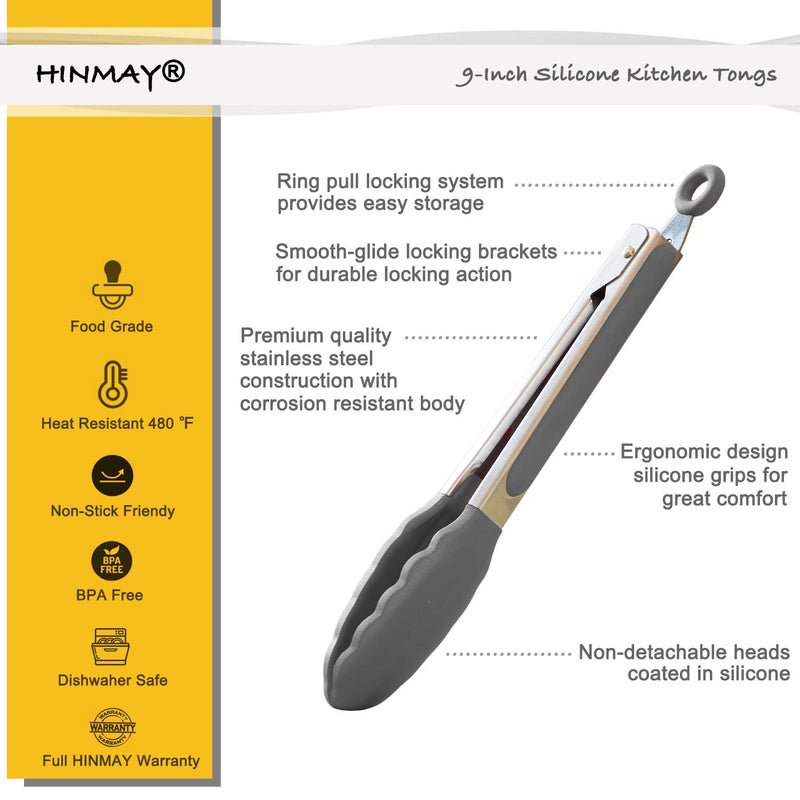 HINMAY Locking Kitchen Tongs with Silicon Tips 9-Inch Stainless Steel Grilling Tongs, Set of 3 (Gray) - Image 2